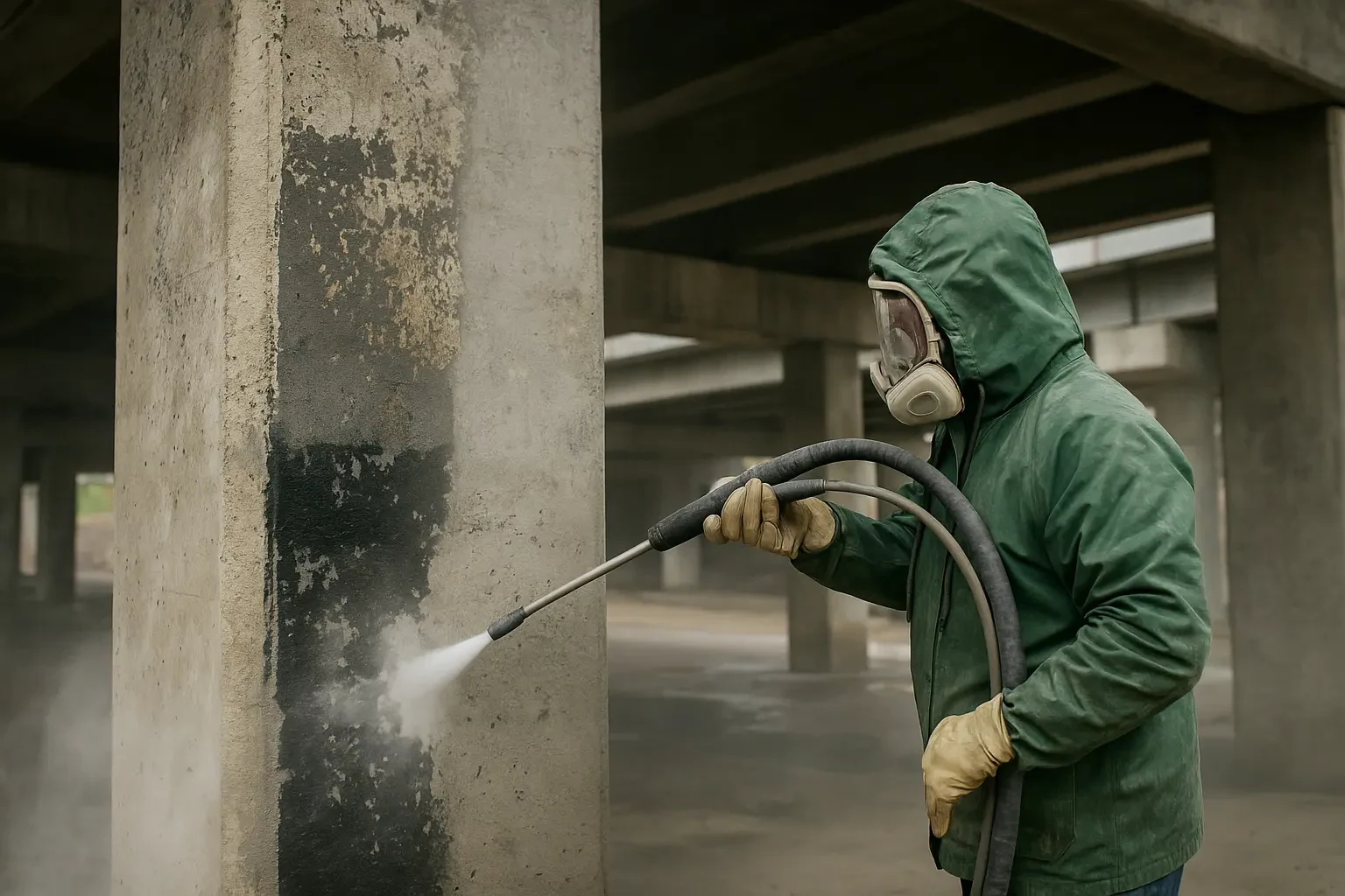 Mobile dustless blasting of a concrete column in Western New York